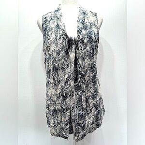 Navy Blue & Beige V Neck with Adjustable Sash Sleeveless Tank Blouse by Poema